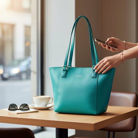 Vera Bradley Teal Pebbled Leather Tote - Picture 2 of 11